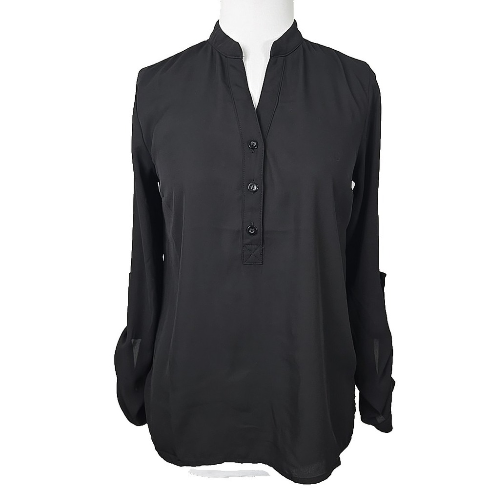 Monteau Black Chiffon Tab-Sleeve‎ Blouse Top Small S